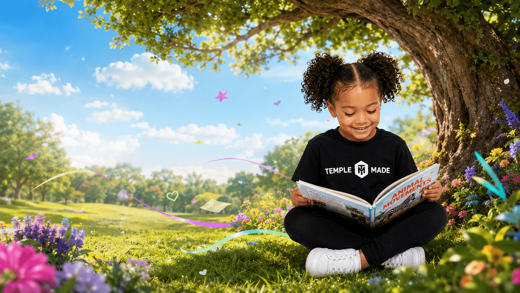 A Temple Made child reading the Animal Movements book beneath a sunlit tree